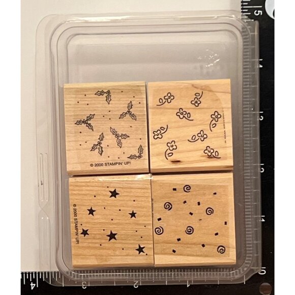 2000 STAMPIN' UP! SWIRL FLOWER HOLLY STAR Wood Mounted Rubber Stamp set of 4 - Picture 2 of 4